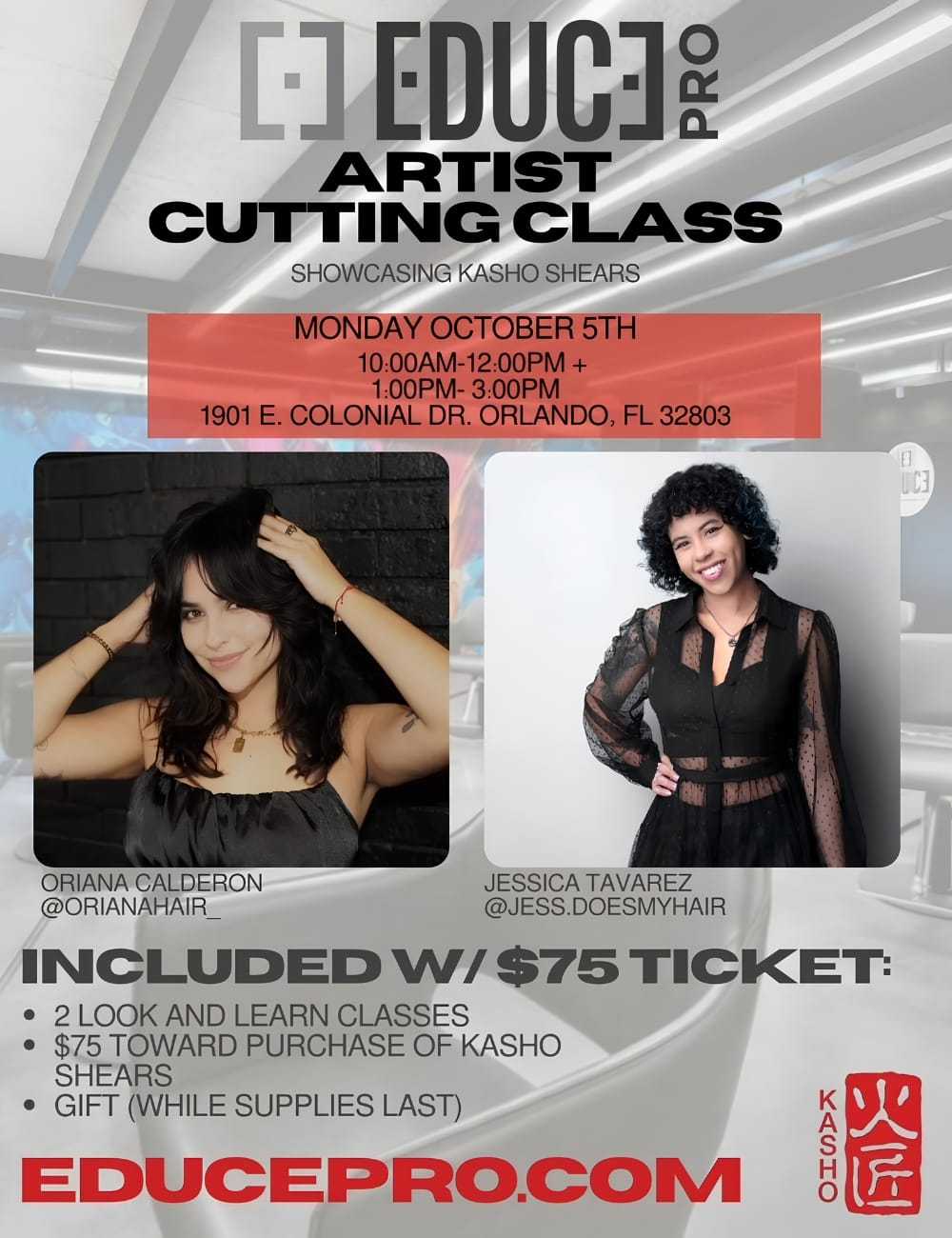 Artist cutting class event with Kasho Shears on Oct 5th, Orlando. Includes classes and gift.